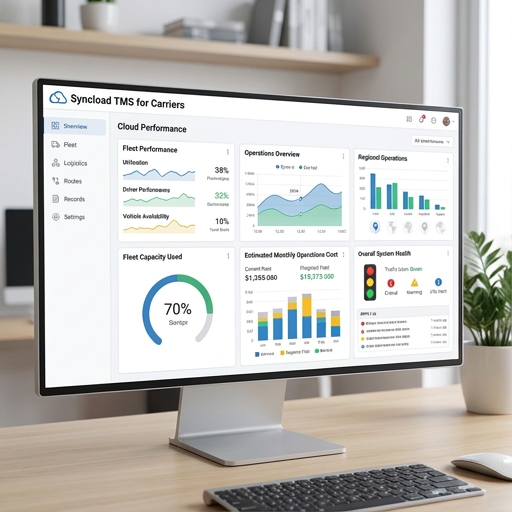 SyncLoad dispatch dashboard shown on a desktop monitor, with fleet performance, operations, and revenue charts